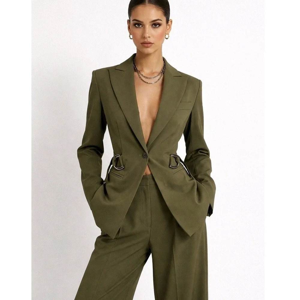 LITA by Ciara Blazer Womens XS Olive Green Belted D-Ring Jacket Made Italy LS7-1 - Picture 1 of 12